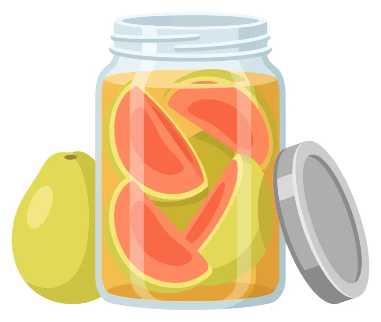 a glass jar filled with pickled pink guava slices and syrup with a whole fruit isolated on white background