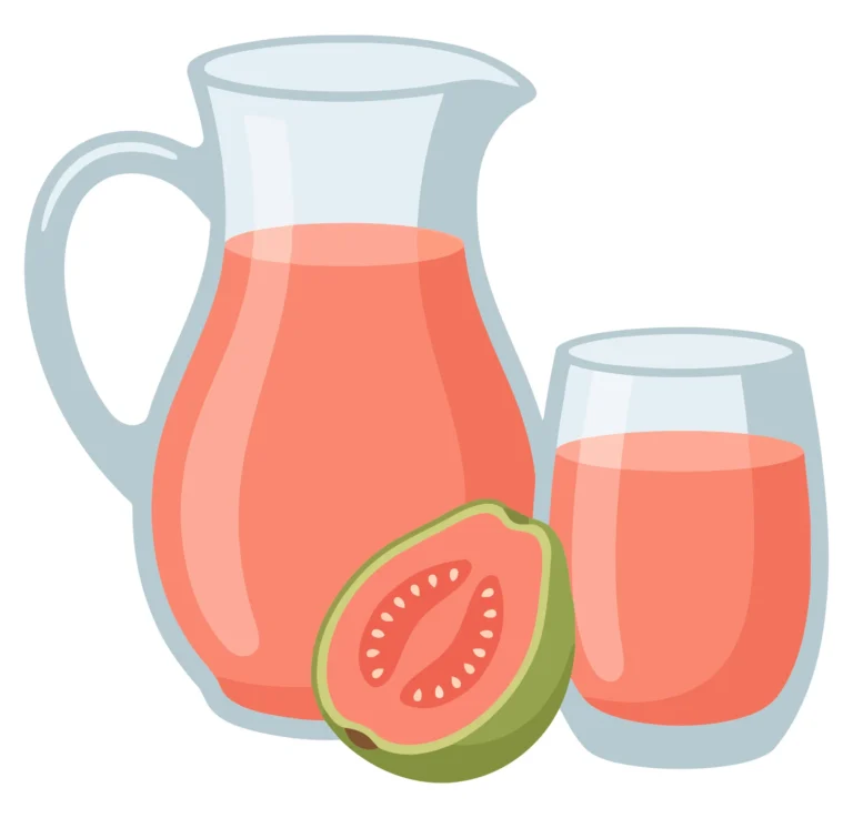 a glass pitcher and a glass of pink guava juice with a halved tropical fruit isolated on white background