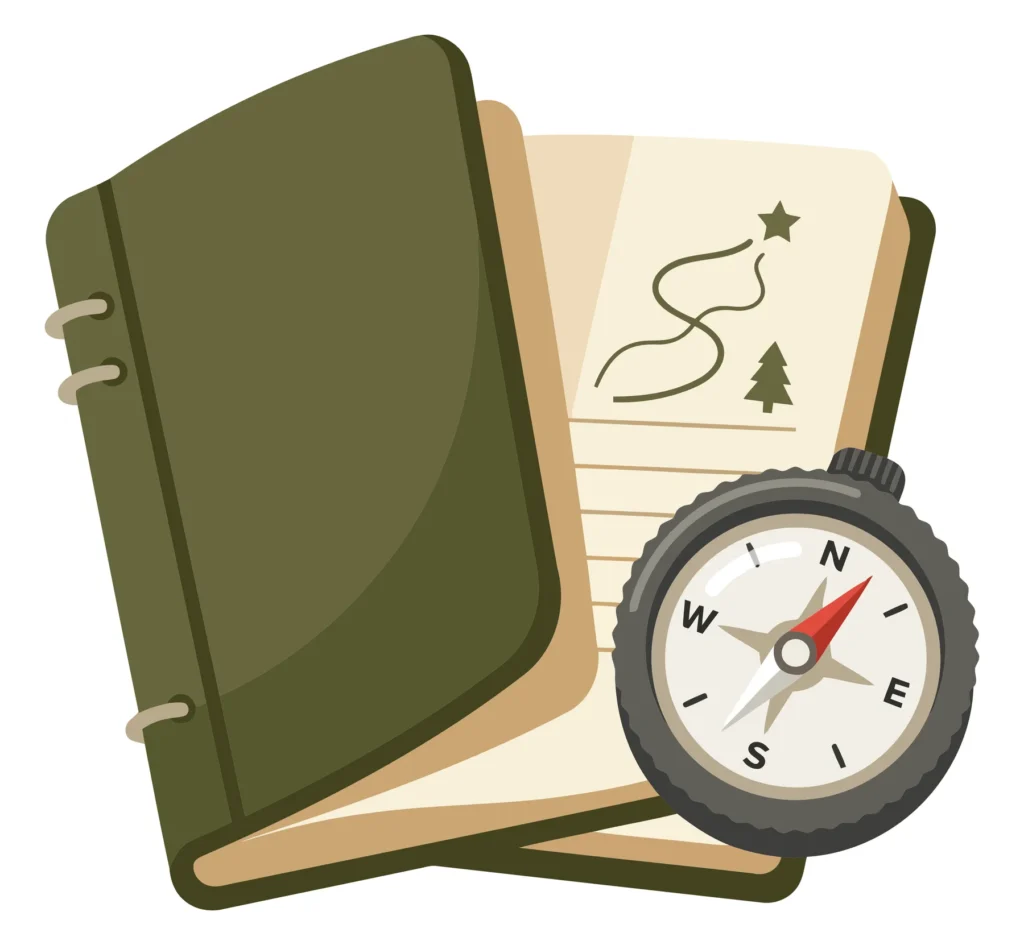 a green open journal with a map drawn on the page, accompanied by a compass resting on it, isolated on white background
