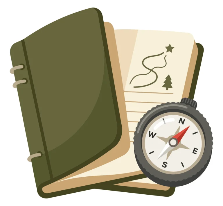 a green open journal with a map drawn on the page, accompanied by a compass resting on it, isolated on white background