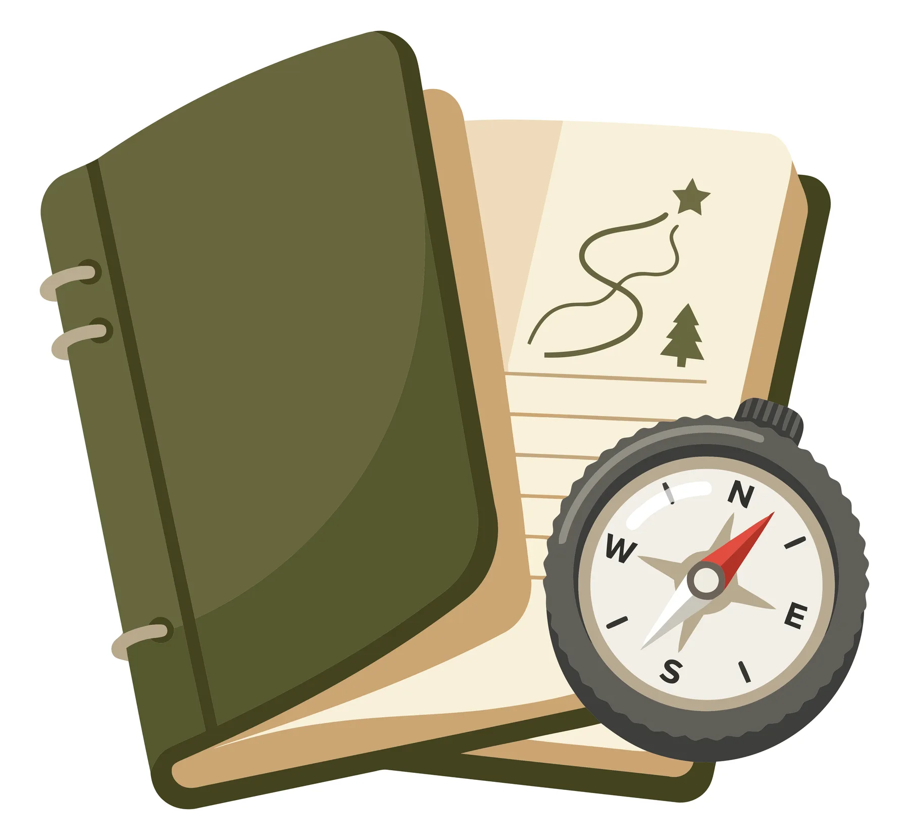 a green open journal with a map drawn on the page, accompanied by a compass resting on it, isolated on white background