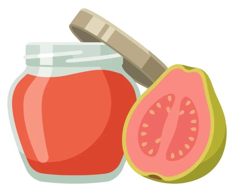 a jar of pink guava jam or paste with a lid and a halved guava fruit isolated on white background