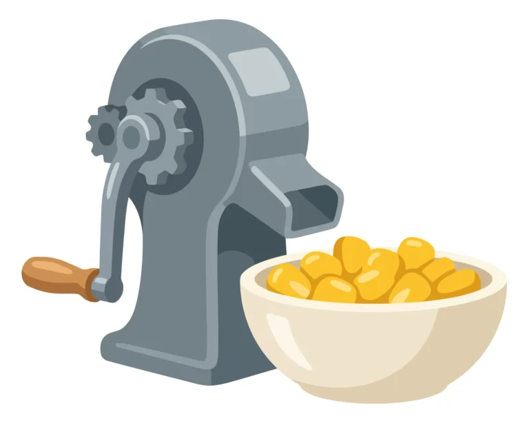 a manual grinder with a bowl of corn kernels isolated on white background