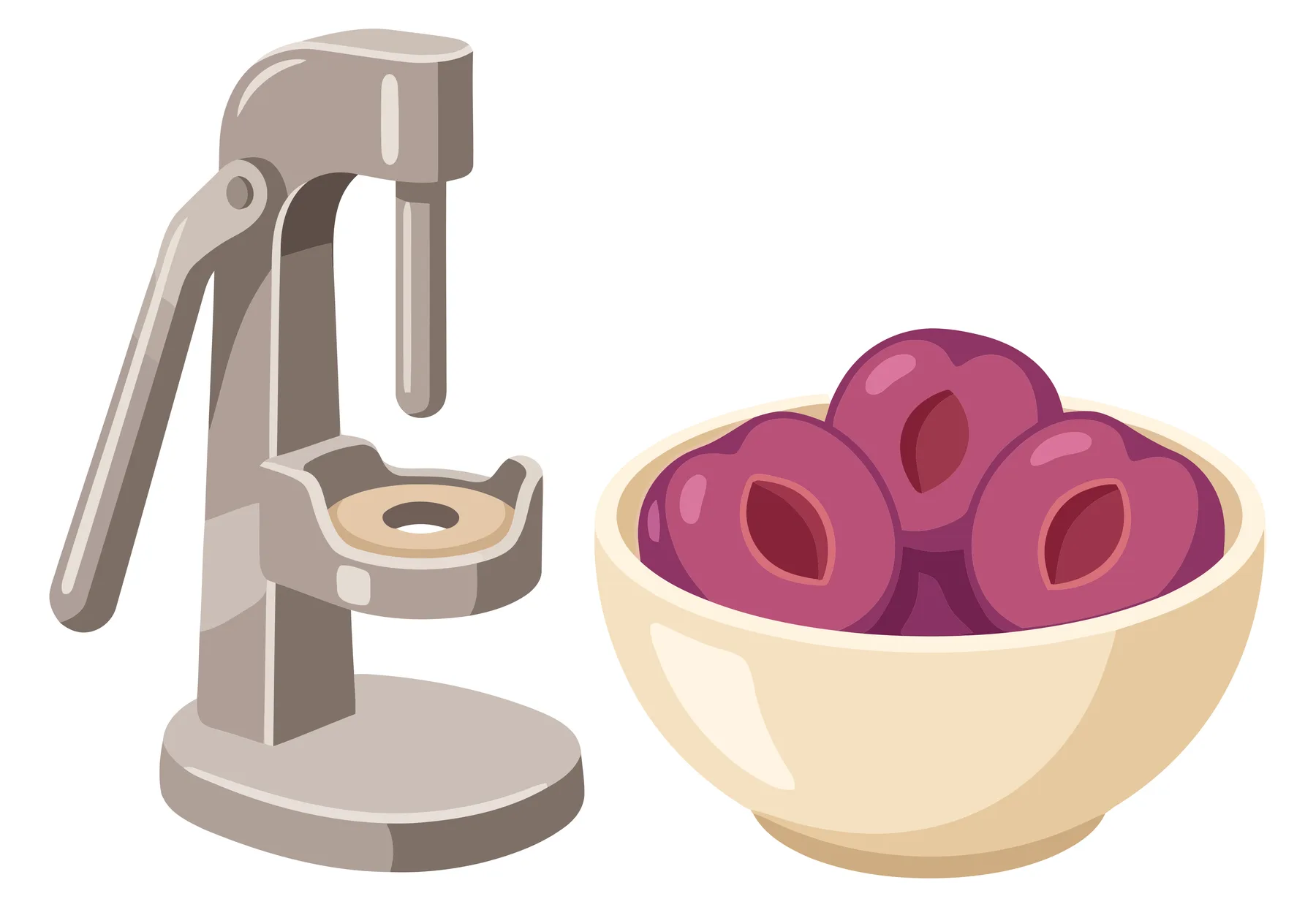 a mechanical cherry pitter with a bowl of pitted plums isolated on white background