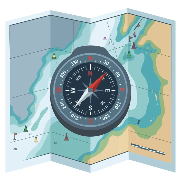 a navigation compass resting on an open nautical map, showing terrain and contour lines