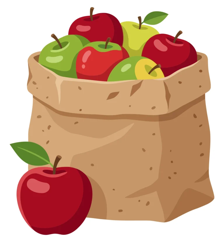 a paper bag filled with a variety of fresh red and green apples, with one single red apple placed in front of the bag, isolated on white bac