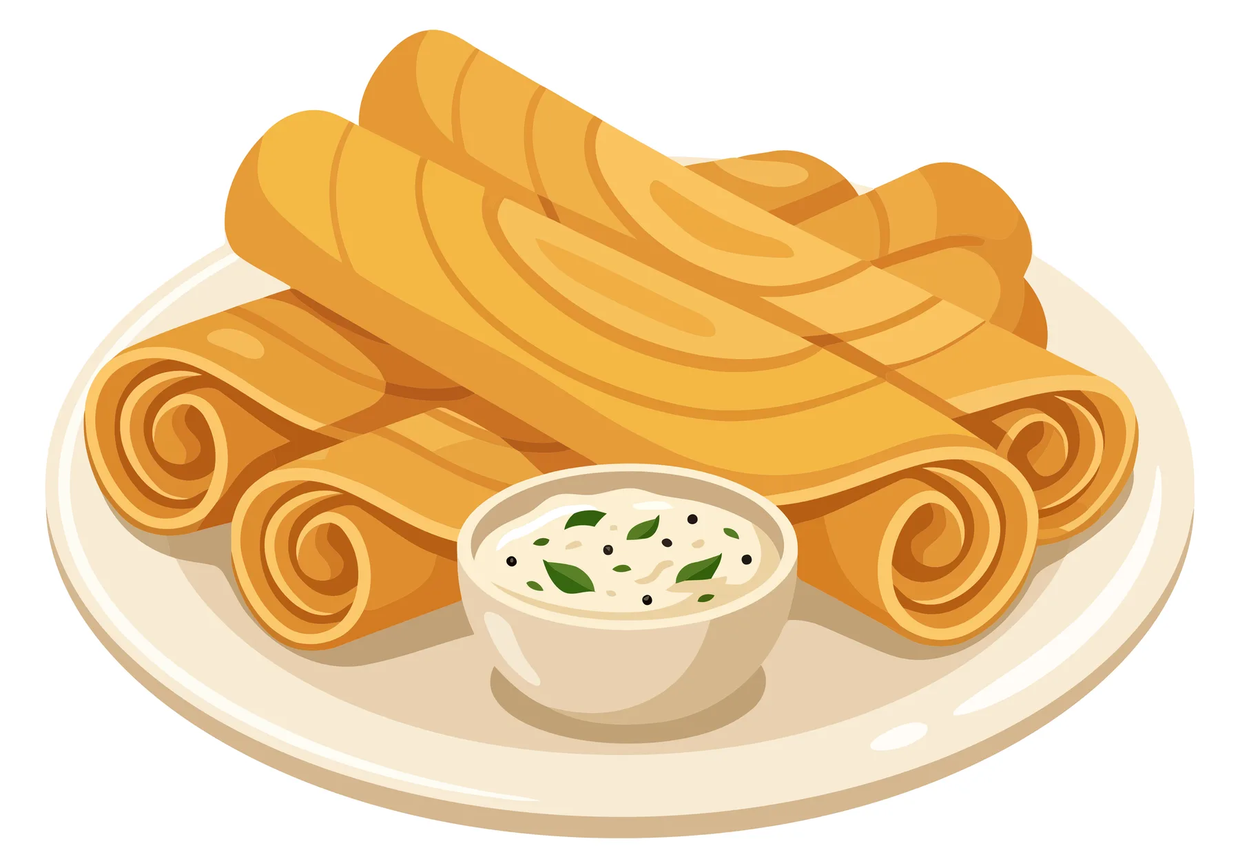 a plate of crispy rolled dosas served with chutney, isolated on white background