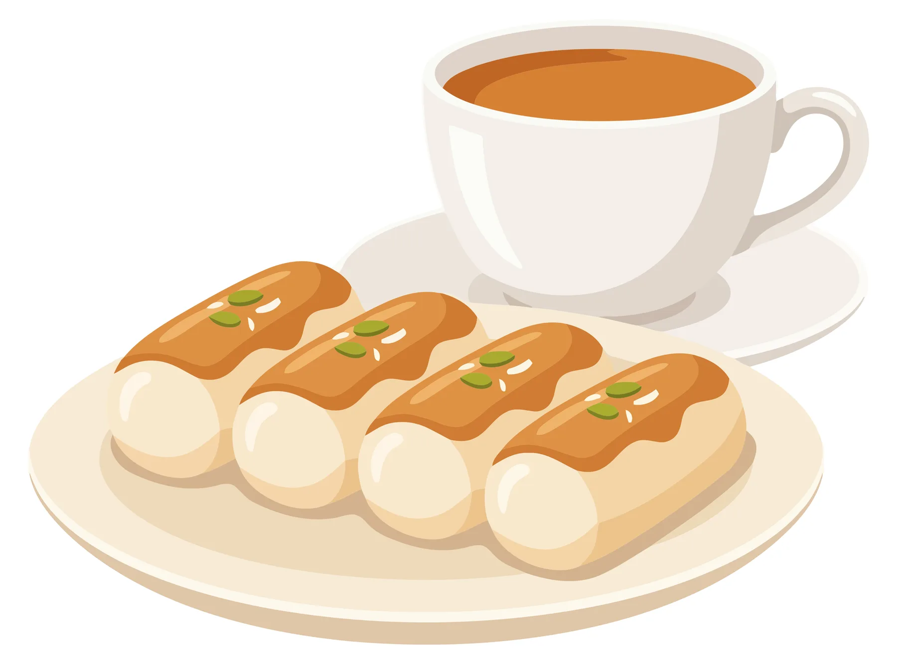 a plate of four delicious eclairs topped with caramel glaze and pistachio nuts served with a cup of hot tea or coffee isolated on white back