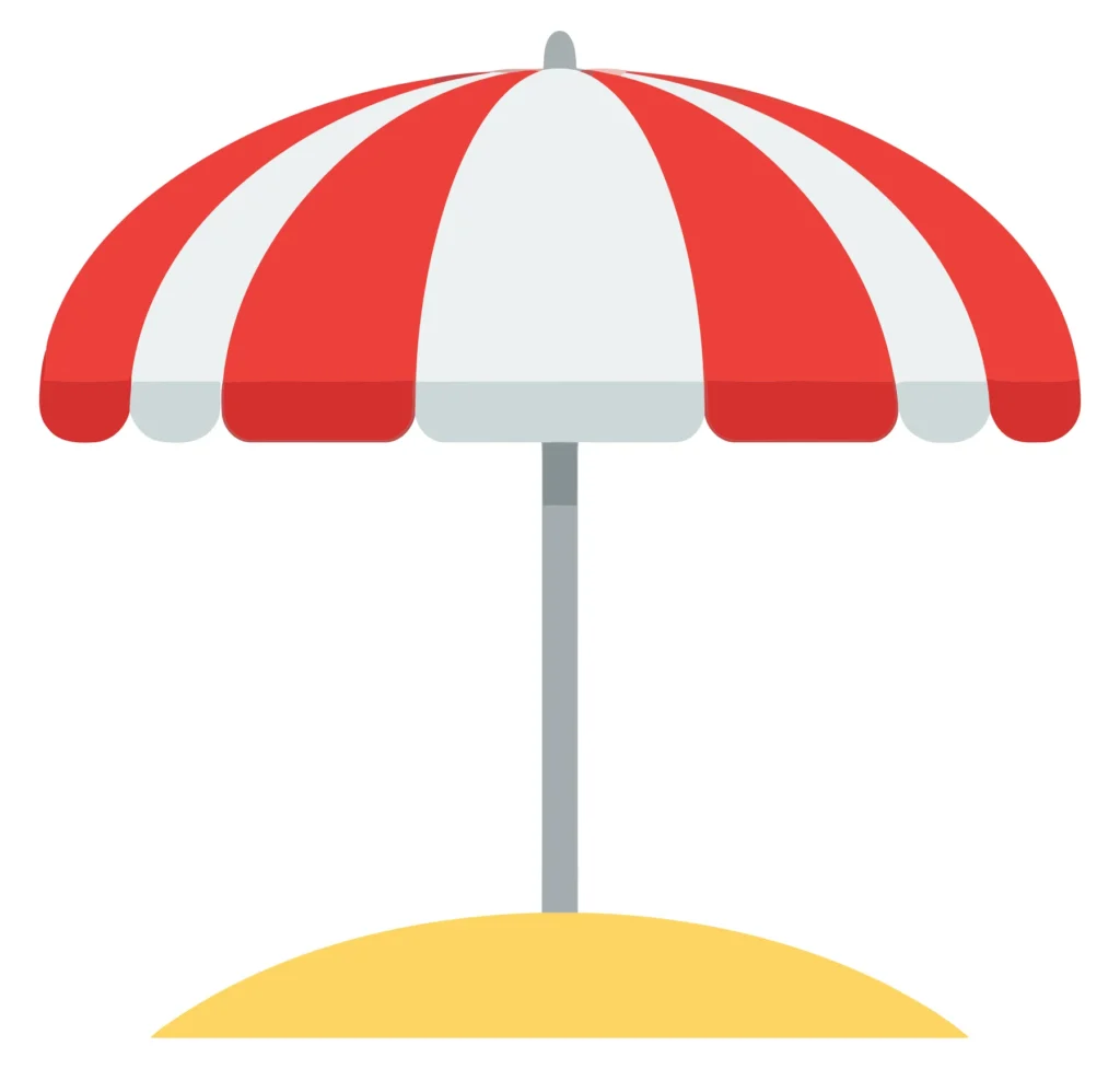 a red and white striped beach umbrella standing on a patch of sand