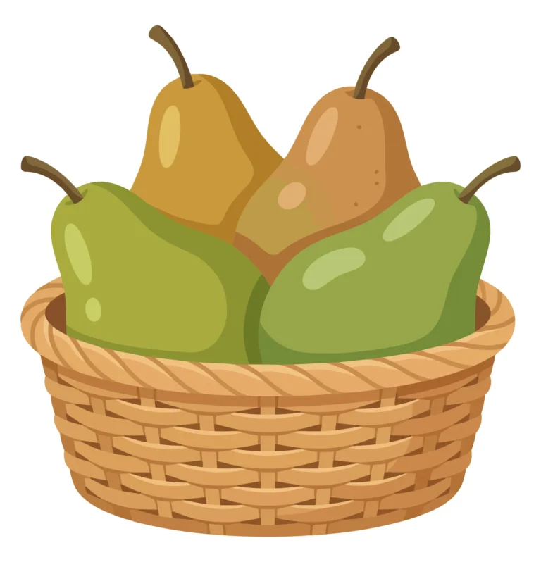 a rustic woven wicker basket filled with a variety of colorful ripe pears, showcasing fresh fruit