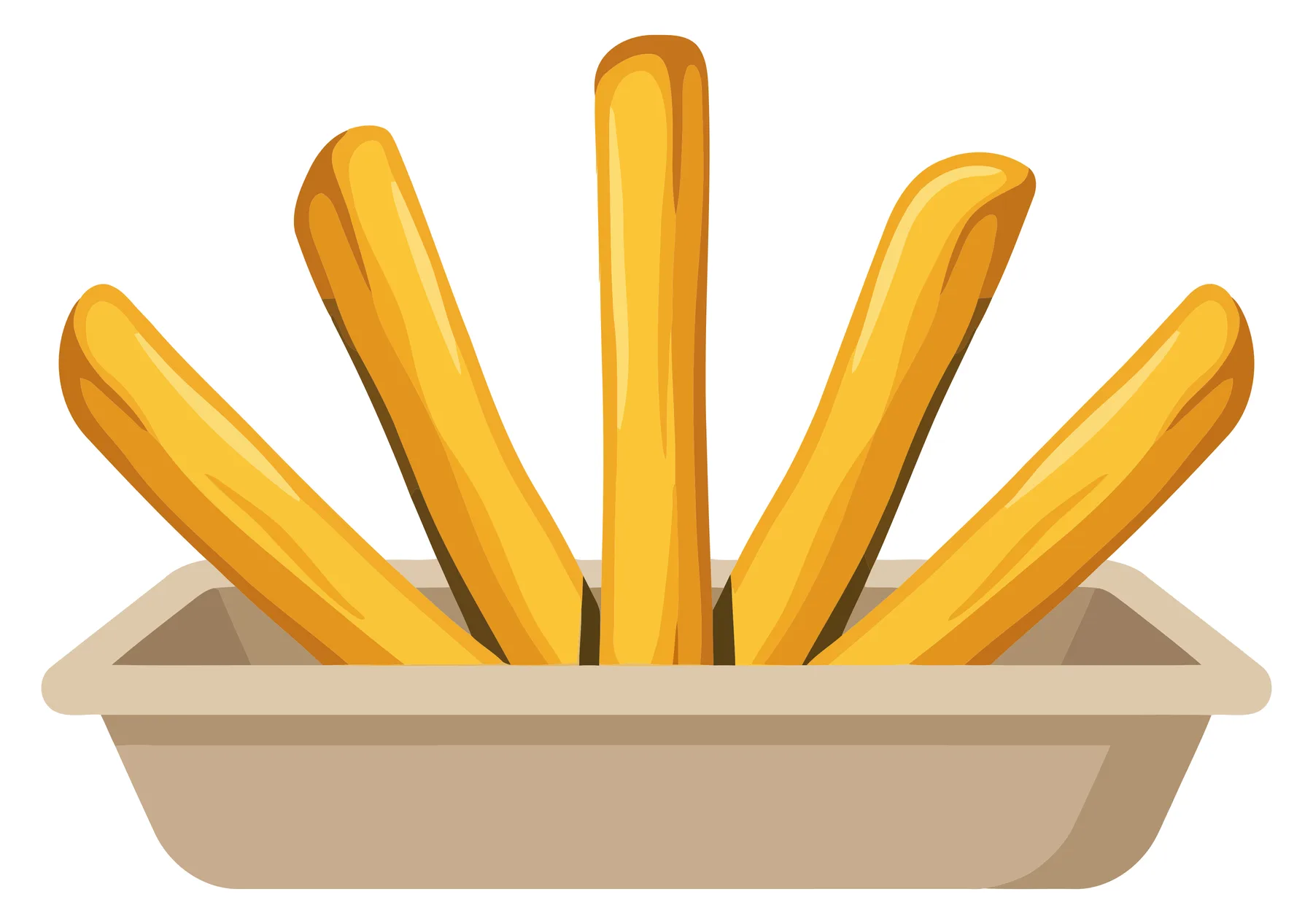a serving of golden crispy french fries in a small paper tray, illustrated snack food item
