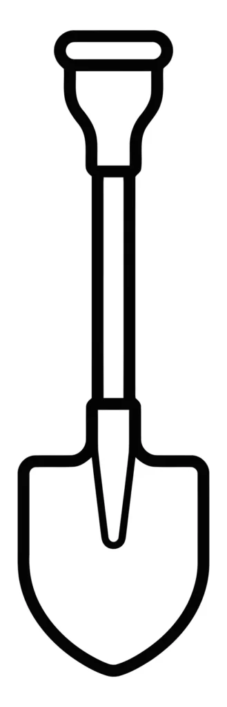 a simple black and white line art illustration of a garden shovel