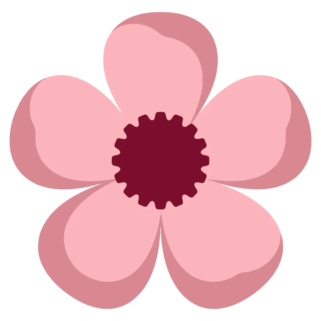a simple stylized pink flower icon with five rounded petals and a dark center