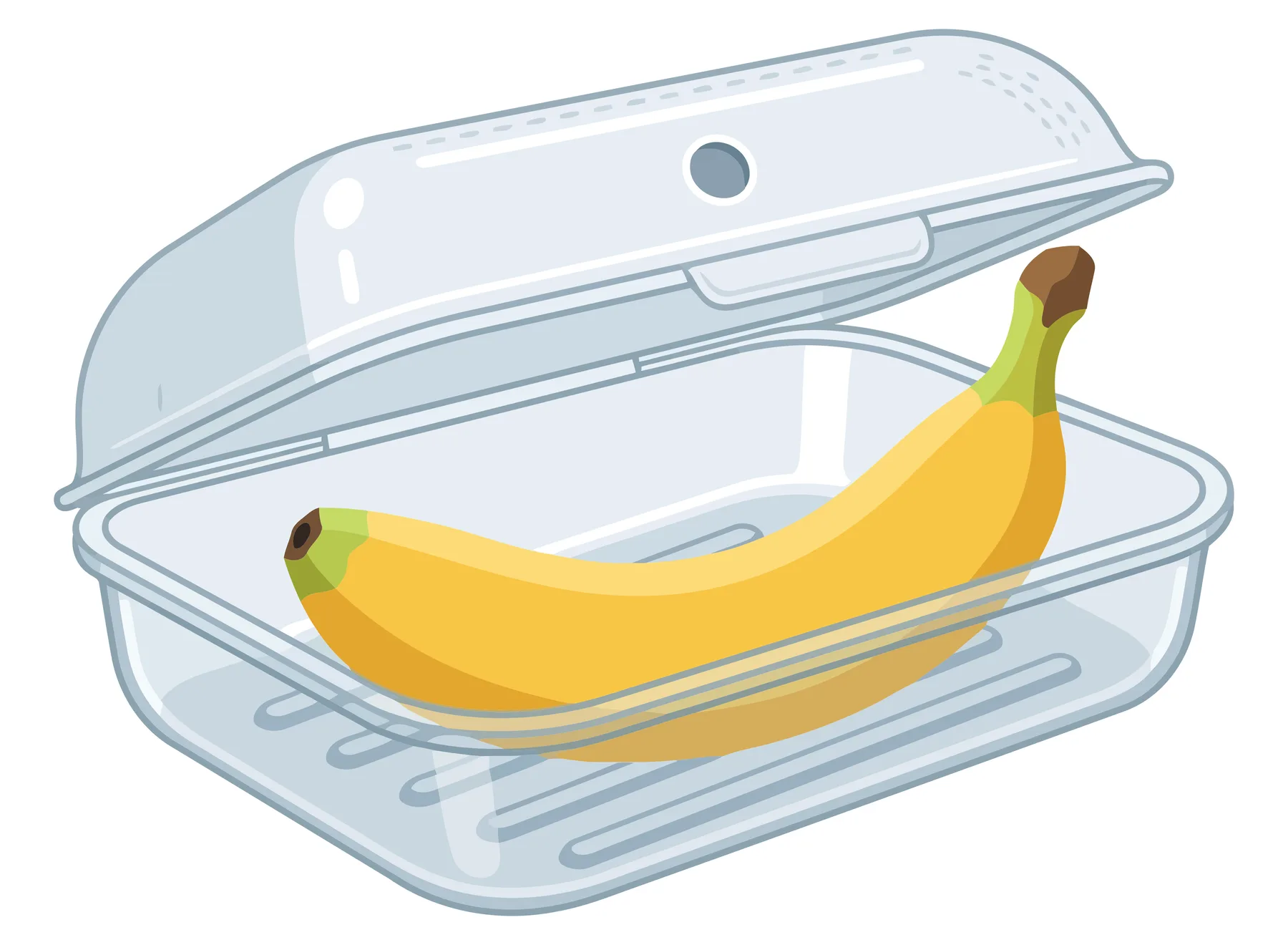 Fresh yellow banana in clear plastic food storage container