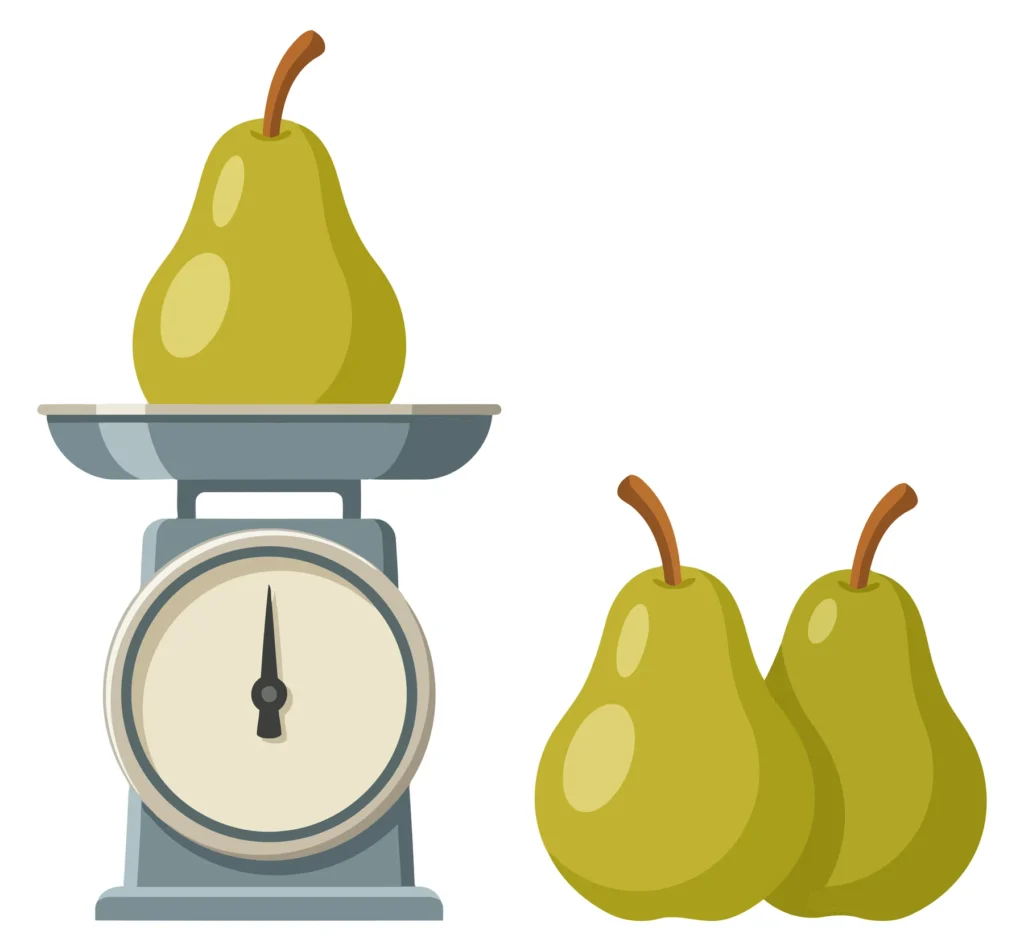 a single green pear placed on a vintage kitchen scale next to two additional pears, representing healthy food, weight management, and grocer