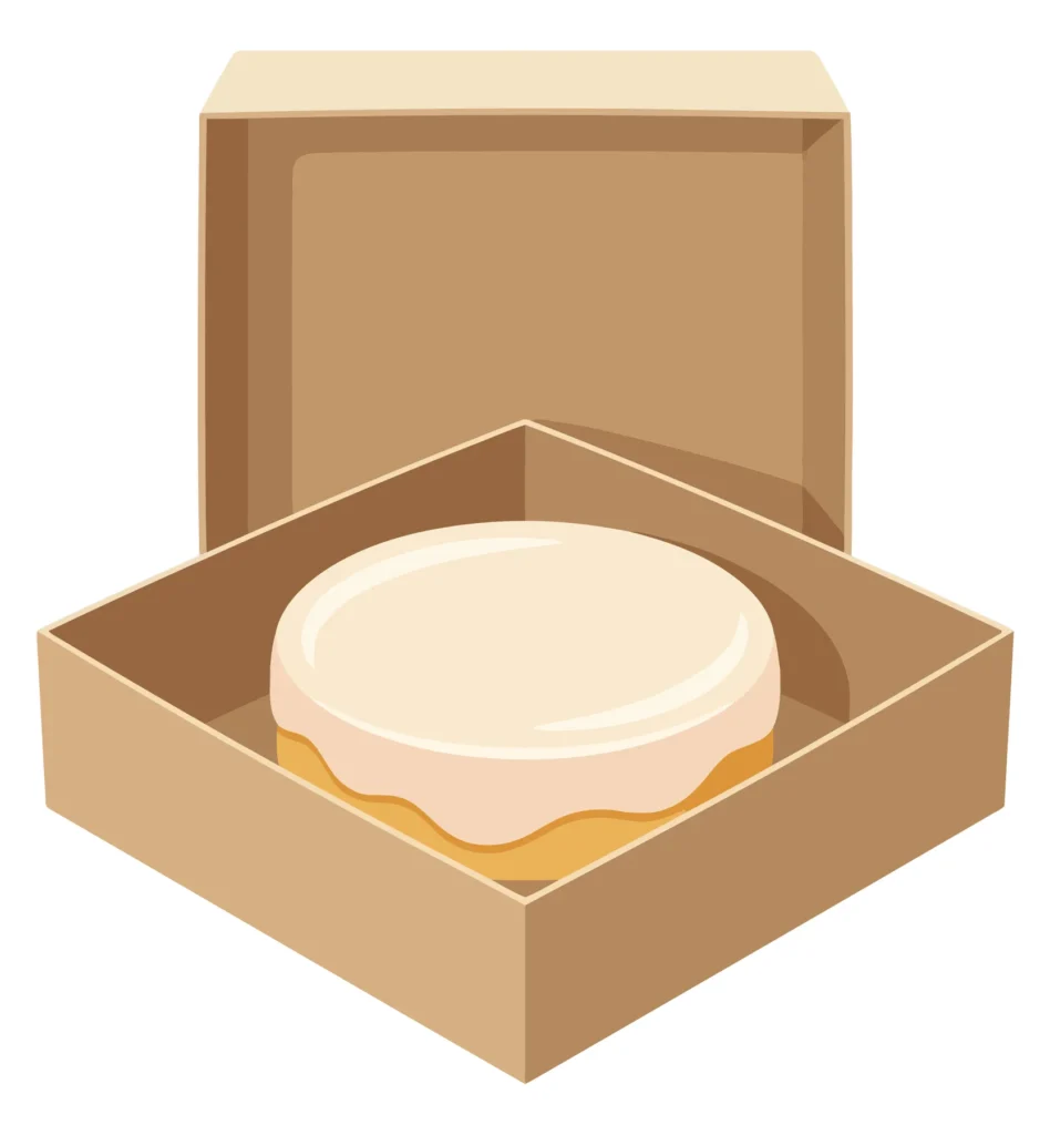 a single round cake with white frosting inside an open cardboard box, presented as a flat vector illustration for bakery or dessert concepts