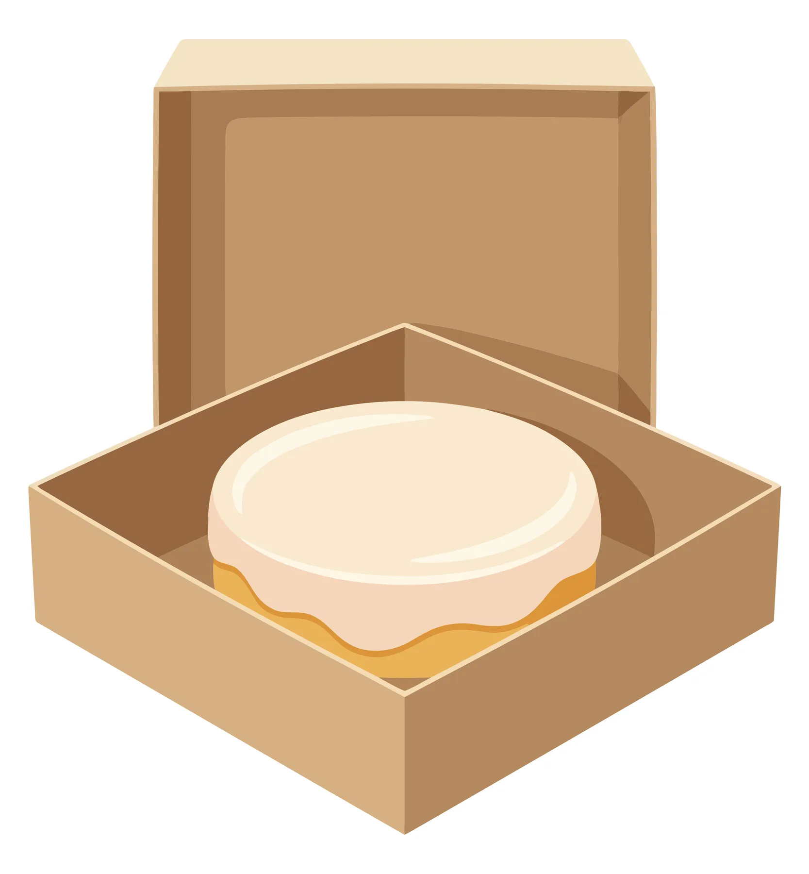 a single round cake with white frosting inside an open cardboard box, presented as a flat vector illustration for bakery or dessert concepts