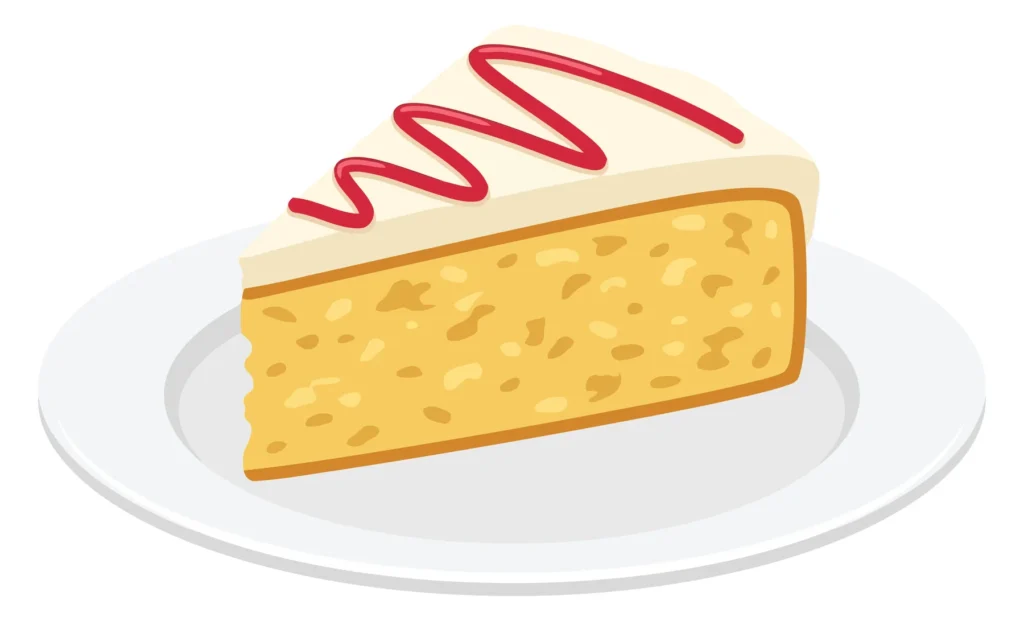 a single slice of yellow cake with white frosting and red drizzle on a white plate
