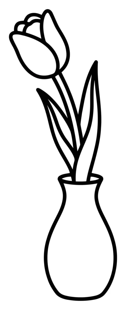 a single tulip flower in a simple vase, black and white line art illustration