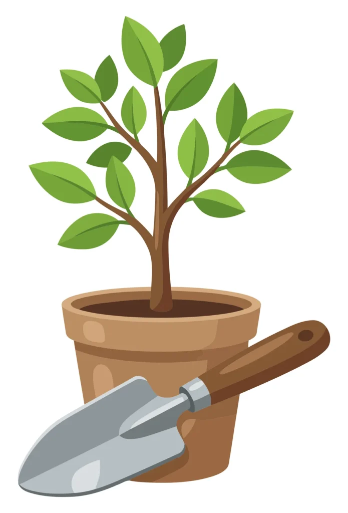 a small green plant growing in a brown terracotta flower pot with a metal garden trowel resting in front, vector illustration