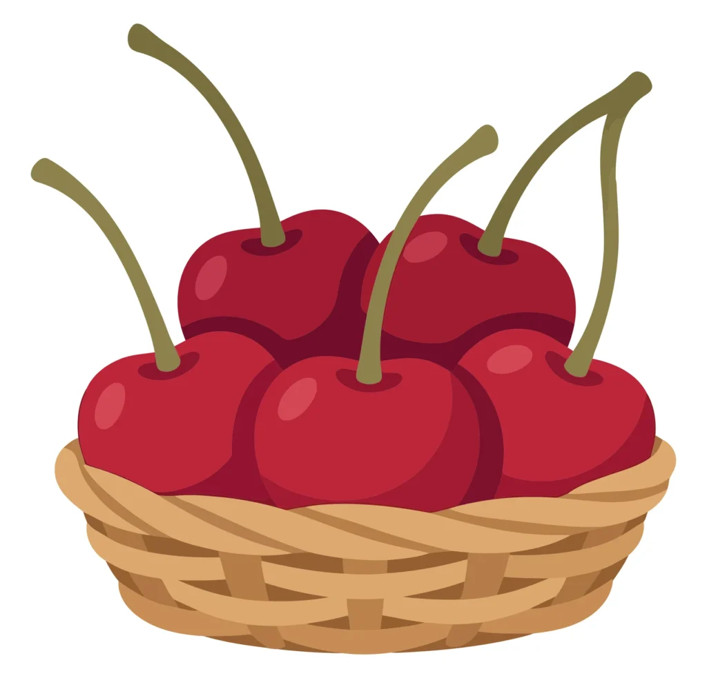 A Small Wicker Basket Filled With Fresh, Ripe Red Cherries With Green Stems, Presented In A Simple, Flat Vector Illustration Style a small wicker basket filled with fresh, ripe red cherries with green stems, presented in a simple, flat vector illustration style