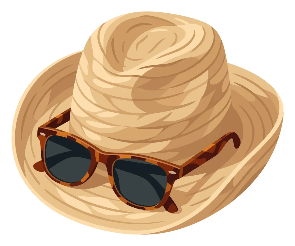 A Stylish Straw Fedora Hat Paired With Classic Tortoiseshell Sunglasses, Perfect For A Sunny Summer Day, Vacation, Or Beach Trip, Isolated O a stylish straw fedora hat paired with classic tortoiseshell sunglasses, perfect for a sunny summer day, vacation, or beach trip, isolated o