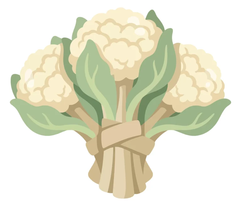 a stylized illustration of a fresh cauliflower bouquet tied together with a simple band, featuring creamy white florets and soft green leave