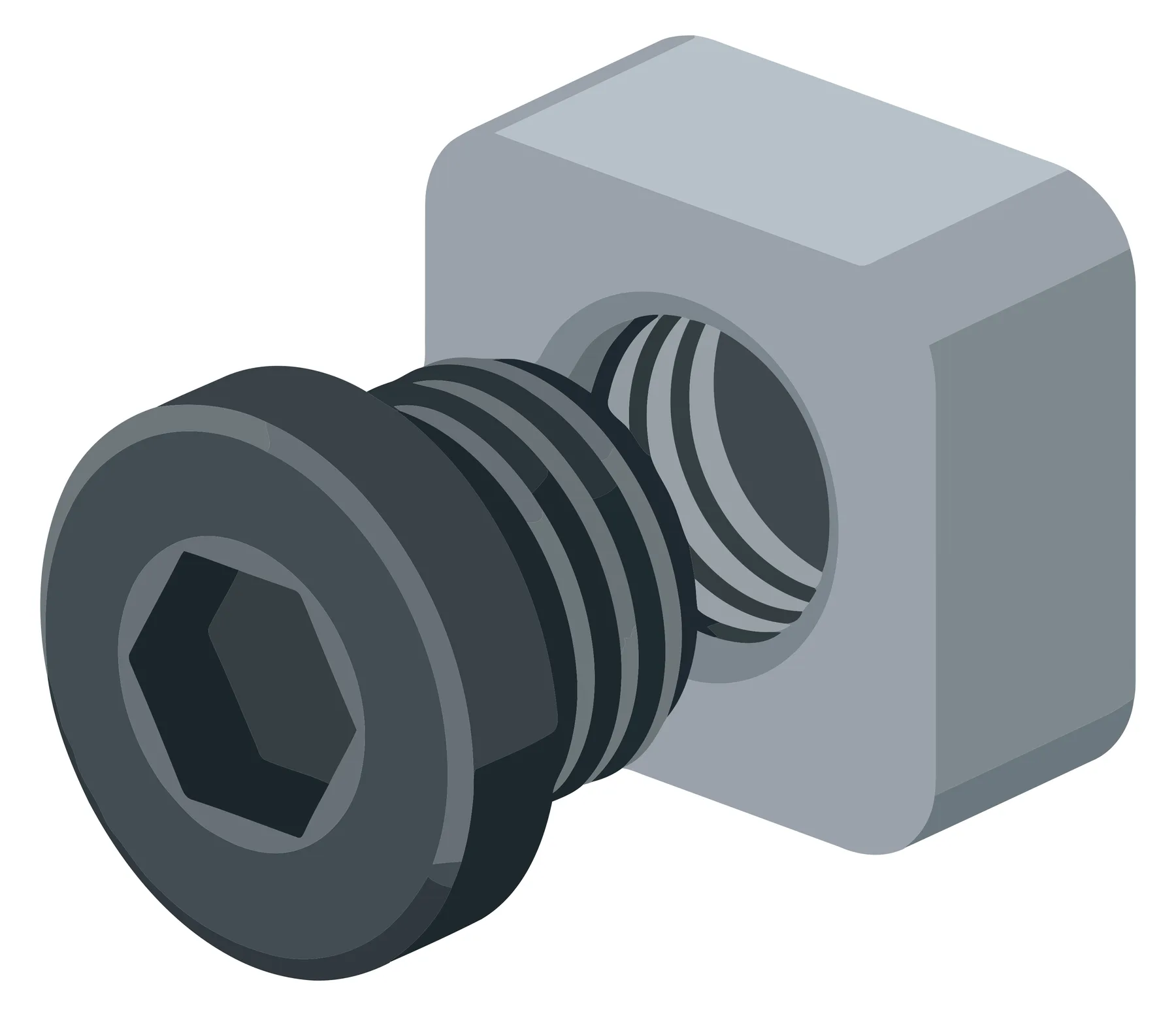 Black Hex Bolt Screwed into Grey Square Nut Illustration