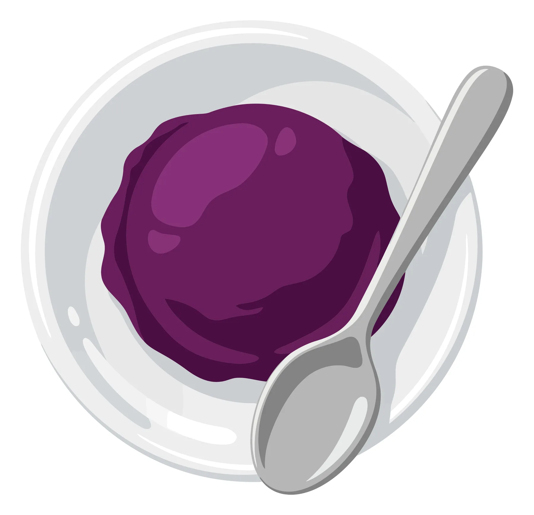 a topdown view of a single scoop of purple ube or berry ice cream served in a simple white bowl with a silver spoon, vector illustration