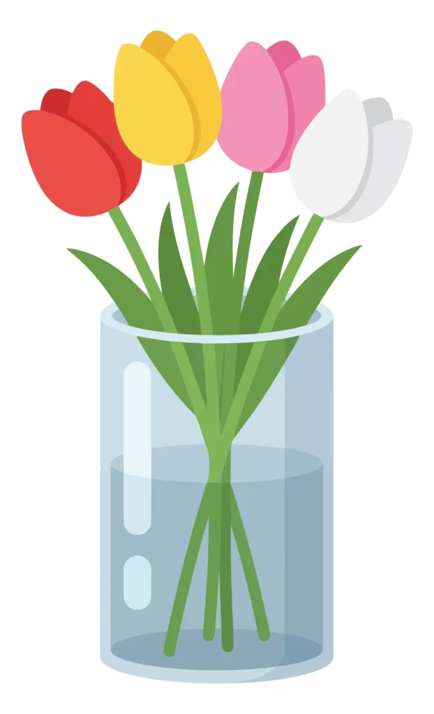 A Vibrant Bouquet Of Four Colorful Tulips In Red, Yellow, Pink, And White, Arranged Elegantly In A Clear Glass Vase With Water, Vector Illus a vibrant bouquet of four colorful tulips in red, yellow, pink, and white, arranged elegantly in a clear glass vase with water, vector illus