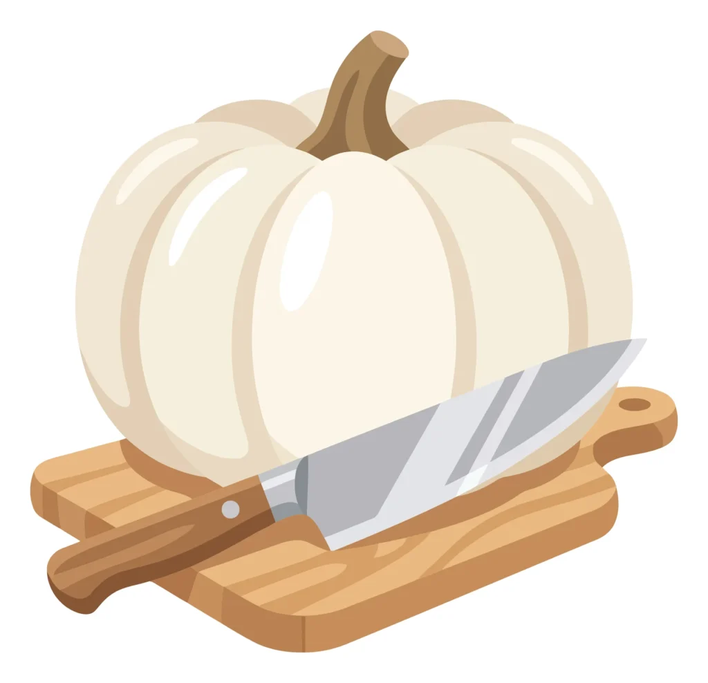 A White Pumpkin Sitting On A Wooden Cutting Board With A Chefs Knife Placed In Front Of It, Isolated On White Background a white pumpkin sitting on a wooden cutting board with a chefs knife placed in front of it, isolated on white background