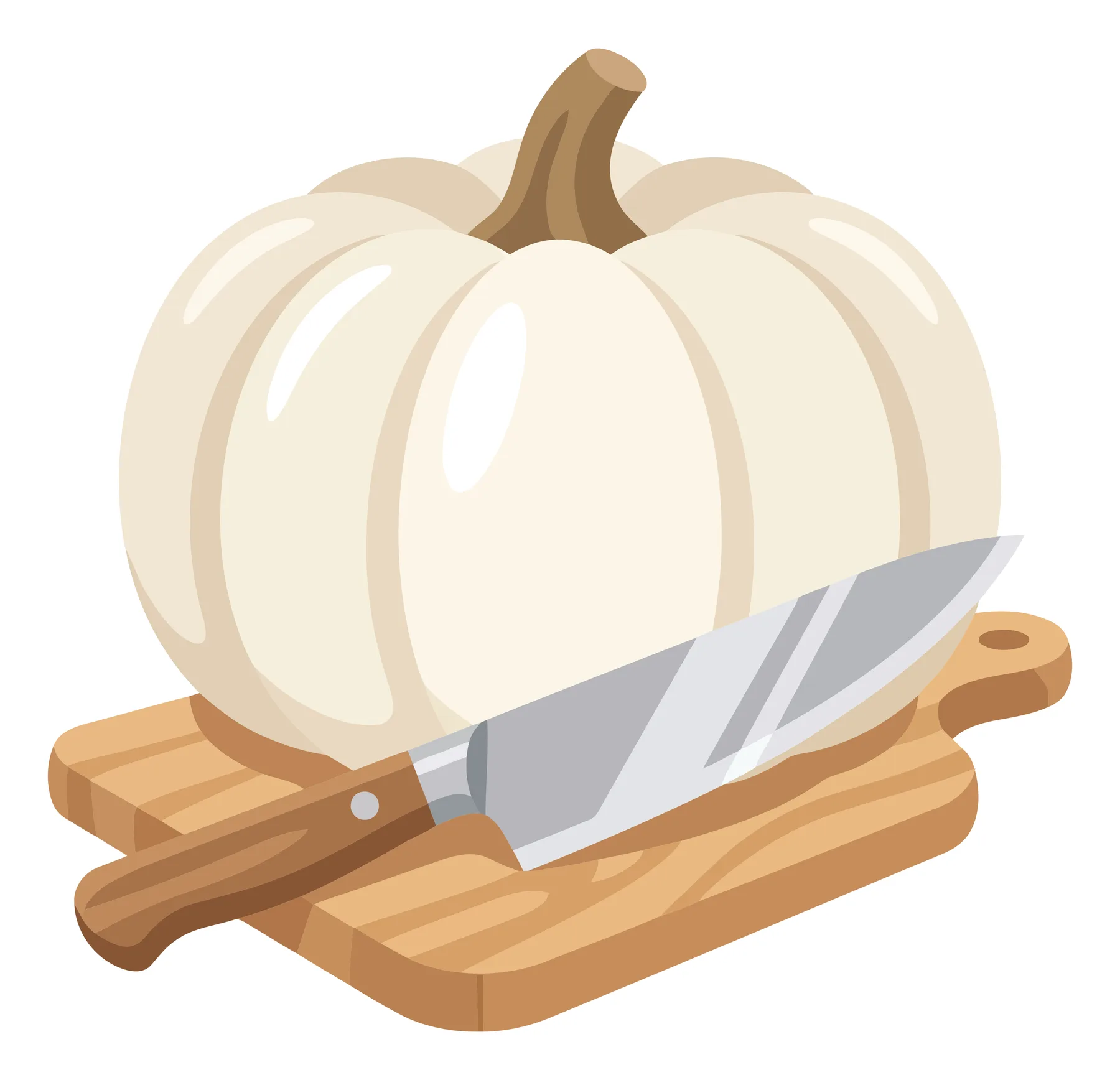 a white pumpkin sitting on a wooden cutting board with a chefs knife placed in front of it, isolated on white background