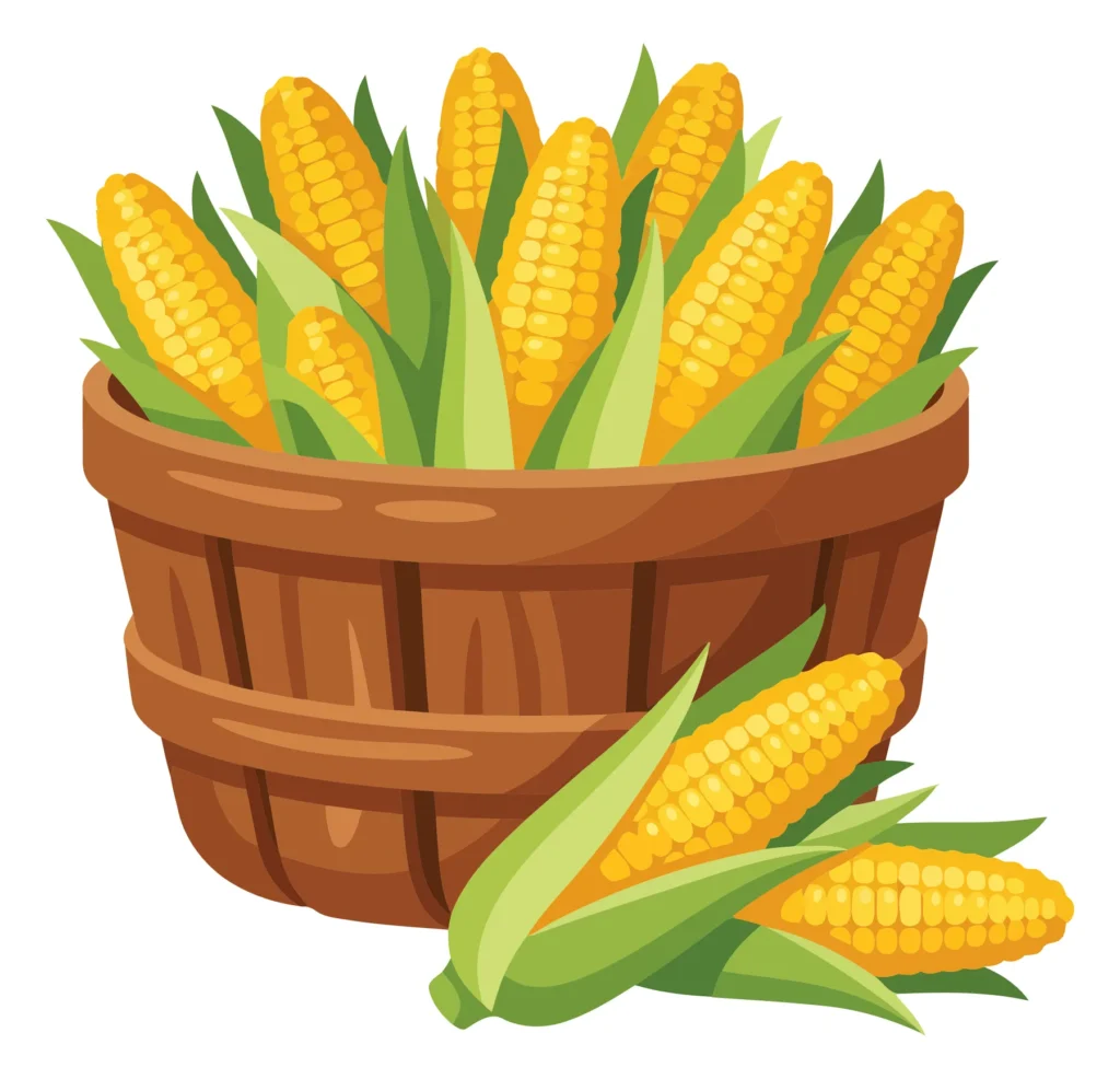 A Wooden Basket Filled With Fresh Yellow Corn Cobs And Green Husks, With Additional Corn Cobs Lying In Front, Isolated On White Background a wooden basket filled with fresh yellow corn cobs and green husks, with additional corn cobs lying in front, isolated on white background
