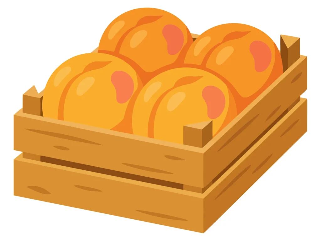 A Wooden Crate Filled With Four Fresh, Ripe, Juicy Peaches, Depicted In A Simple, Flat Vector Illustration Style, Perfect For Food, Agricult a wooden crate filled with four fresh, ripe, juicy peaches, depicted in a simple, flat vector illustration style, perfect for food, agricult