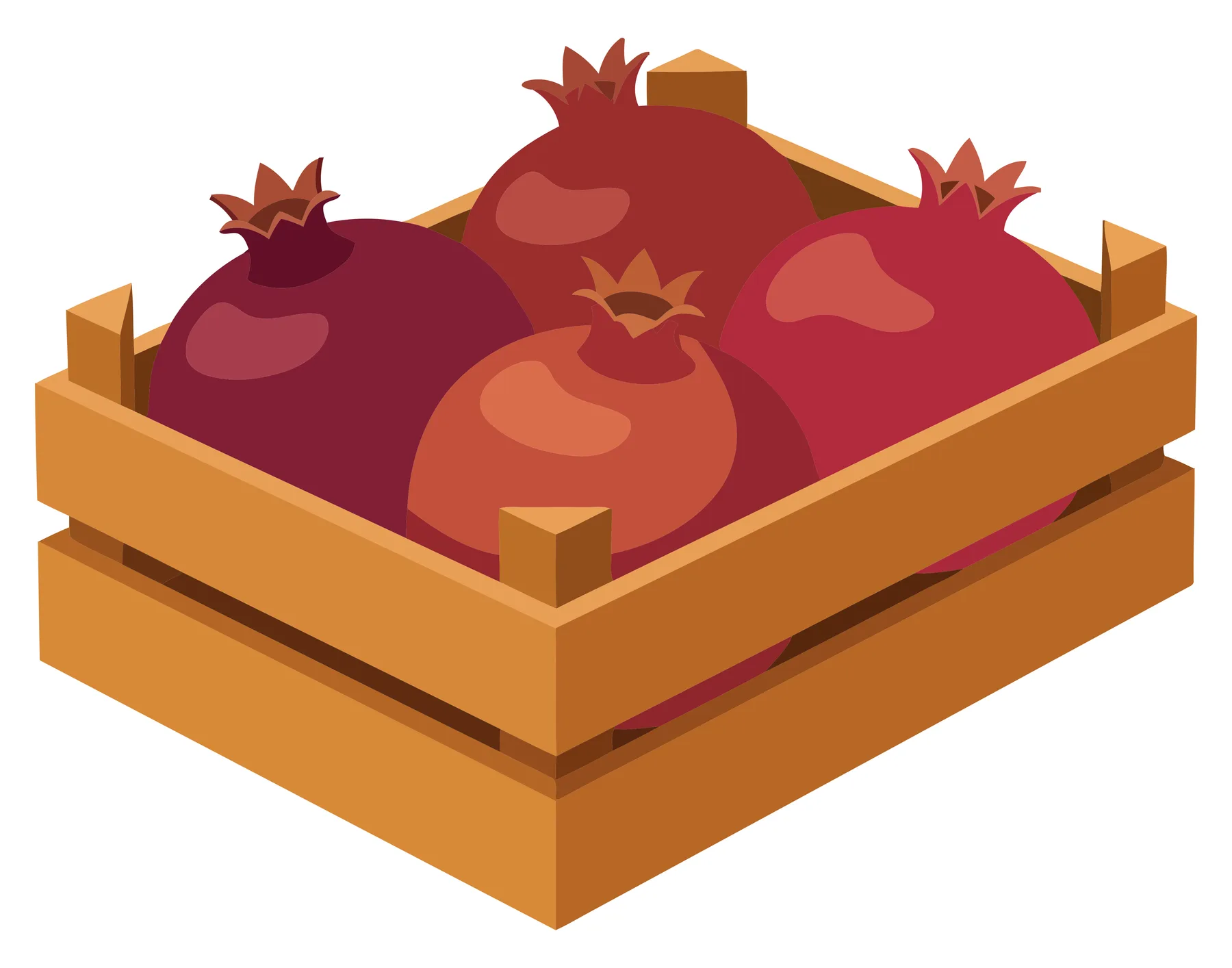 a wooden crate filled with fresh ripe pomegranates isolated on white background