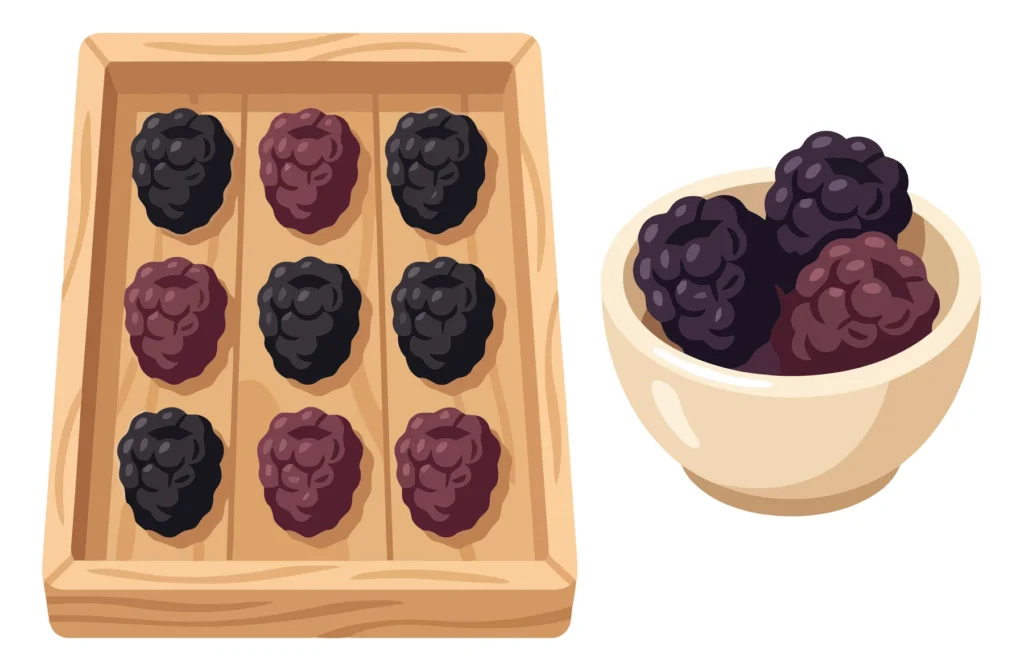a wooden tray containing nine blackberries arranged in a grid, next to a small bowl filled with more ripe berries