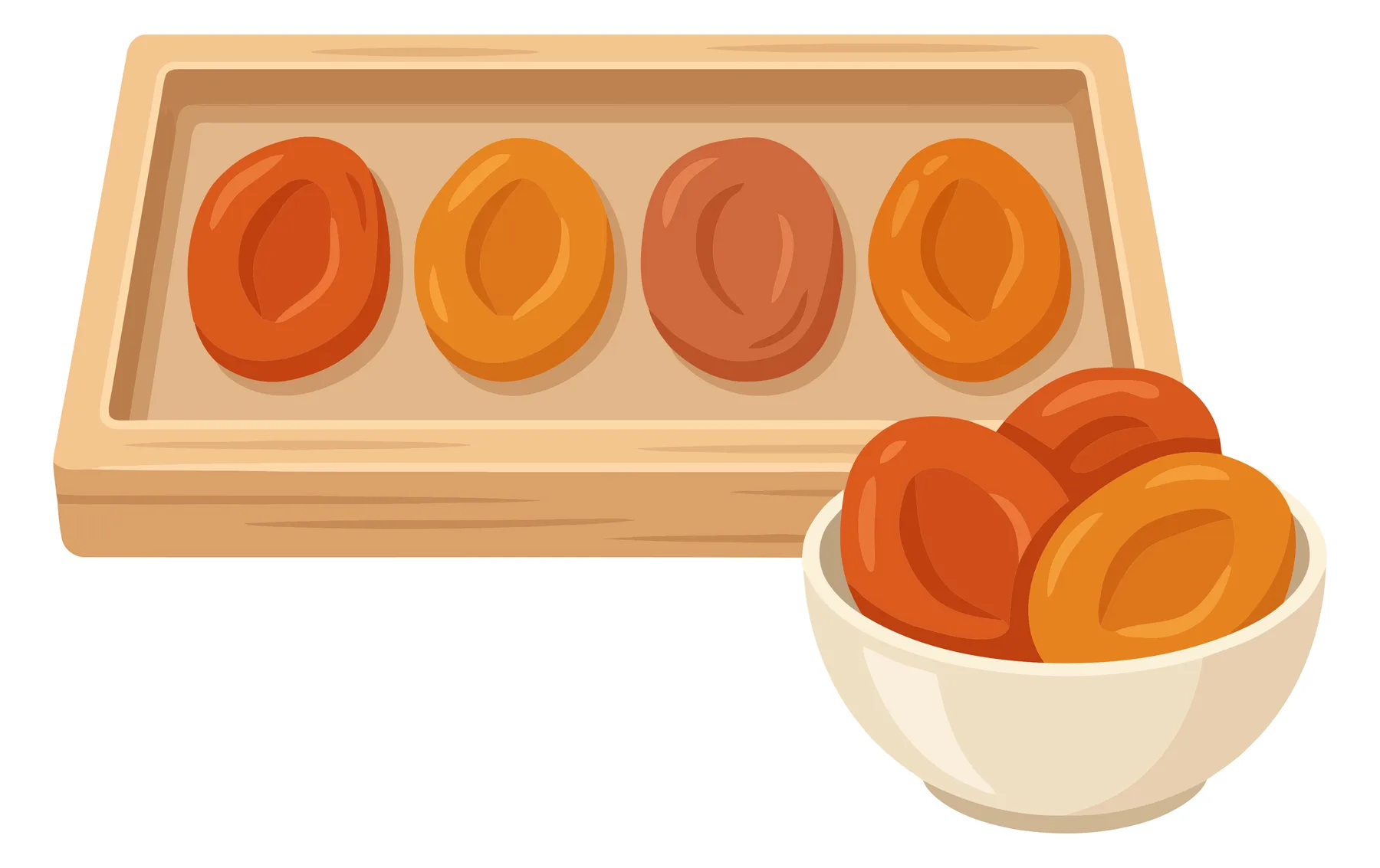 a wooden tray holding four dried apricots, alongside a small bowl filled with more dried fruits