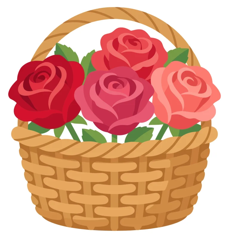a woven basket filled with a bouquet of beautiful red, pink, and coral roses with green leaves, vector illustration isolated on white backgr