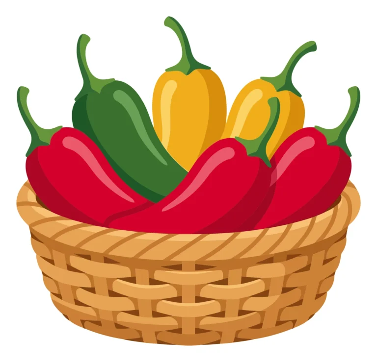 a woven basket filled with fresh colorful chili peppers of red, green, and yellow