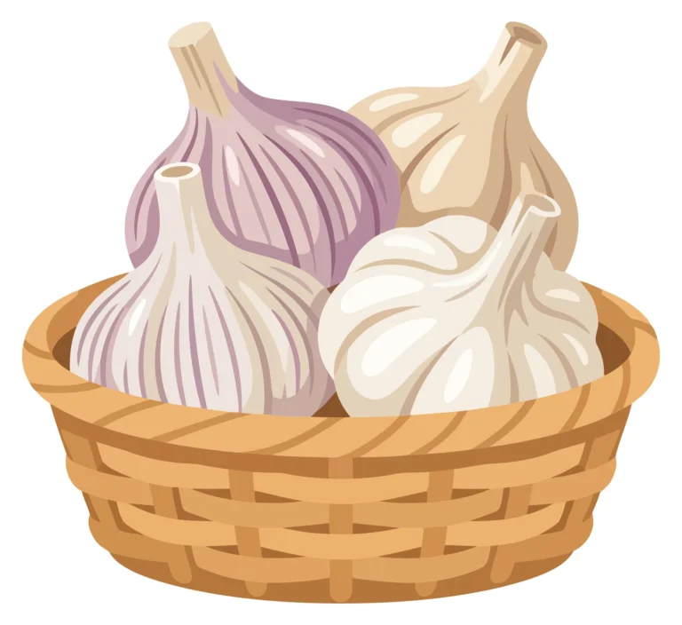 a woven basket filled with fresh garlic bulbs, featuring both white and purple varieties, presented as a highquality vector illustration for