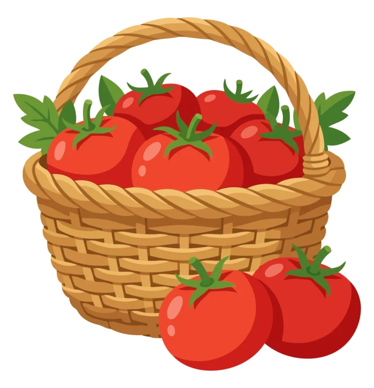 a woven basket filled with fresh red tomatoes and green leaves, accompanied by two ripe tomatoes resting in front, vibrant harvest illustrat