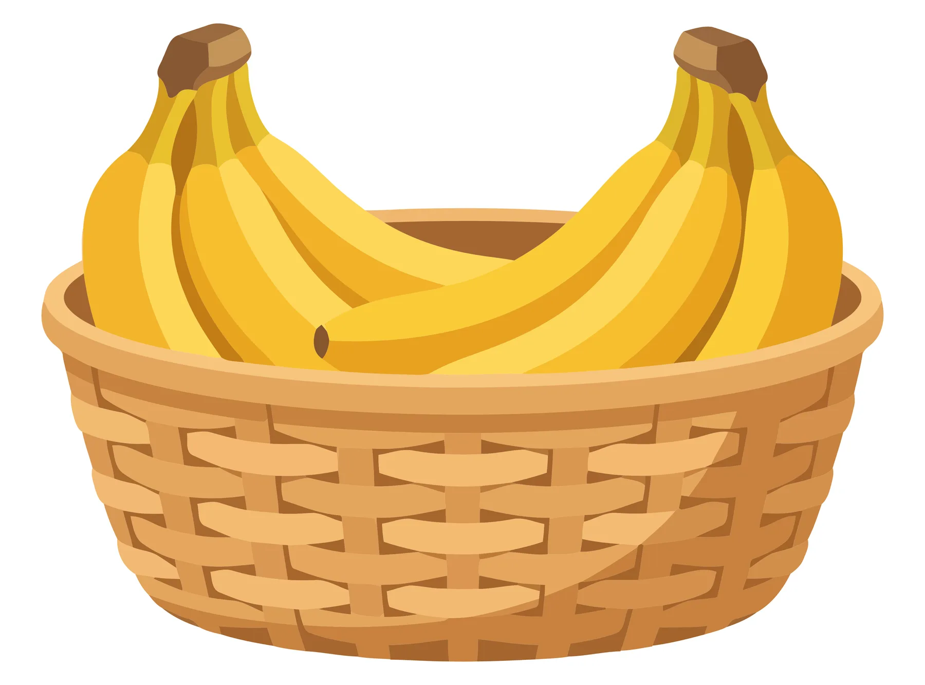a woven basket filled with fresh ripe yellow bananas, isolated on white background