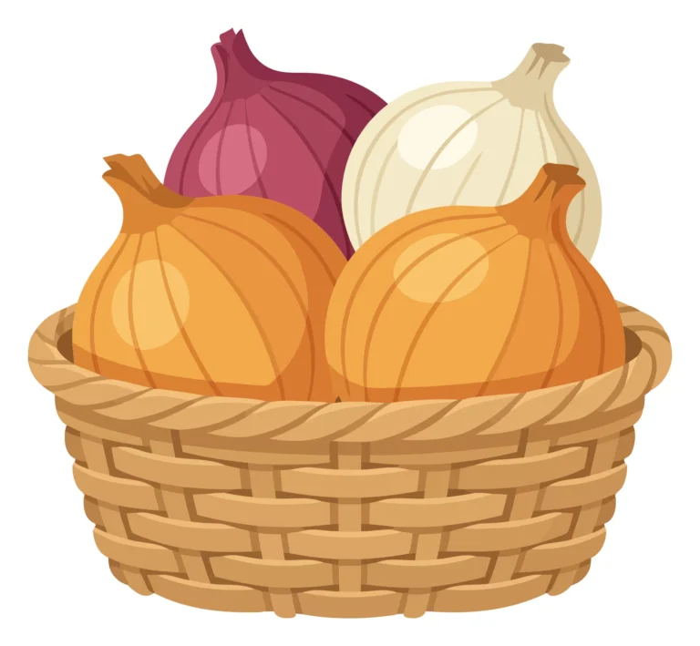 a woven basket filled with various onions including yellow, red, and white varieties