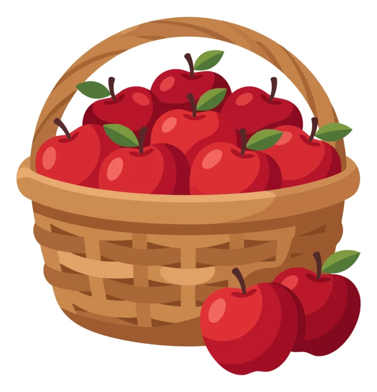 a woven wooden basket filled with fresh red apples, accompanied by two additional apples resting on the ground in front, vibrant fruit illus
