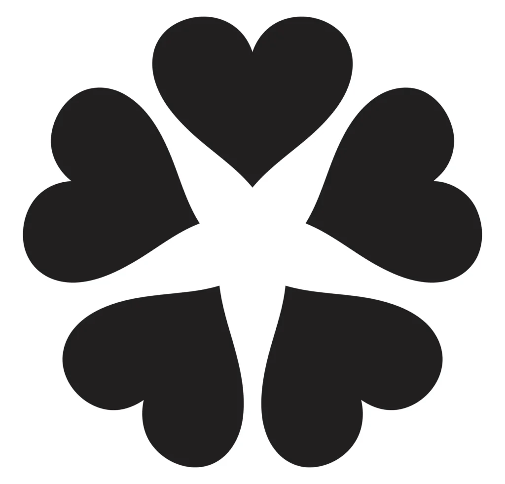 abstract flower icon made of five black hearts arranged in a circle