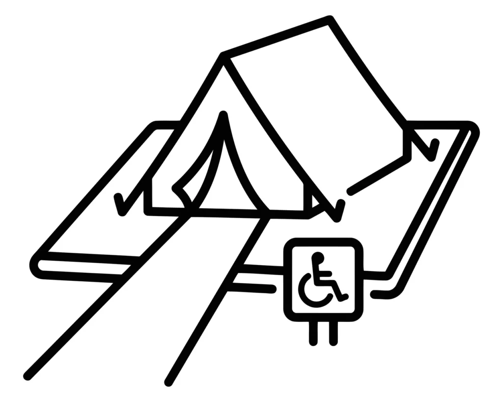 accessible camping site icon with a tent and wheelchair symbol