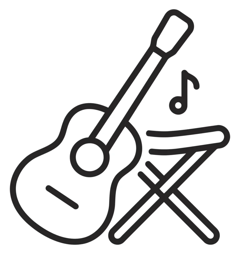 Acoustic Guitar and Folding Chair Icon with Musical Note