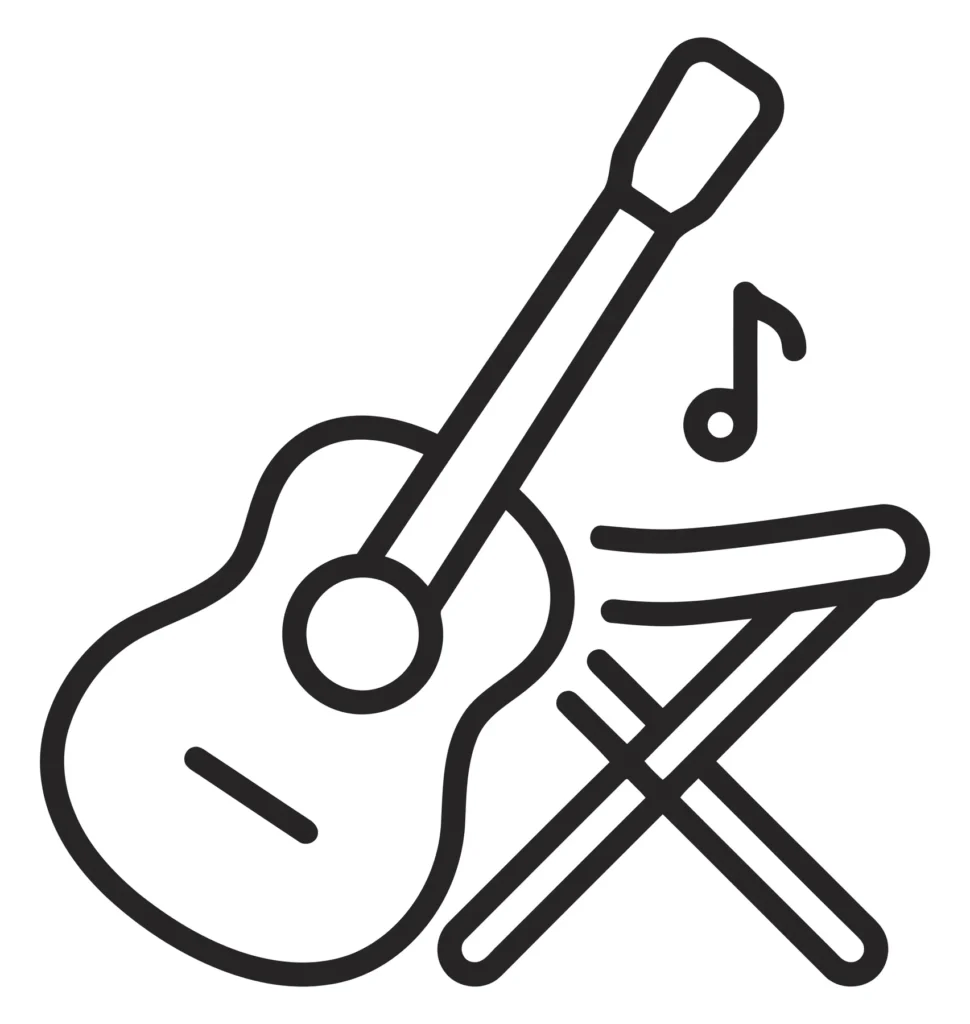 acoustic guitar and folding chair icon with musical note