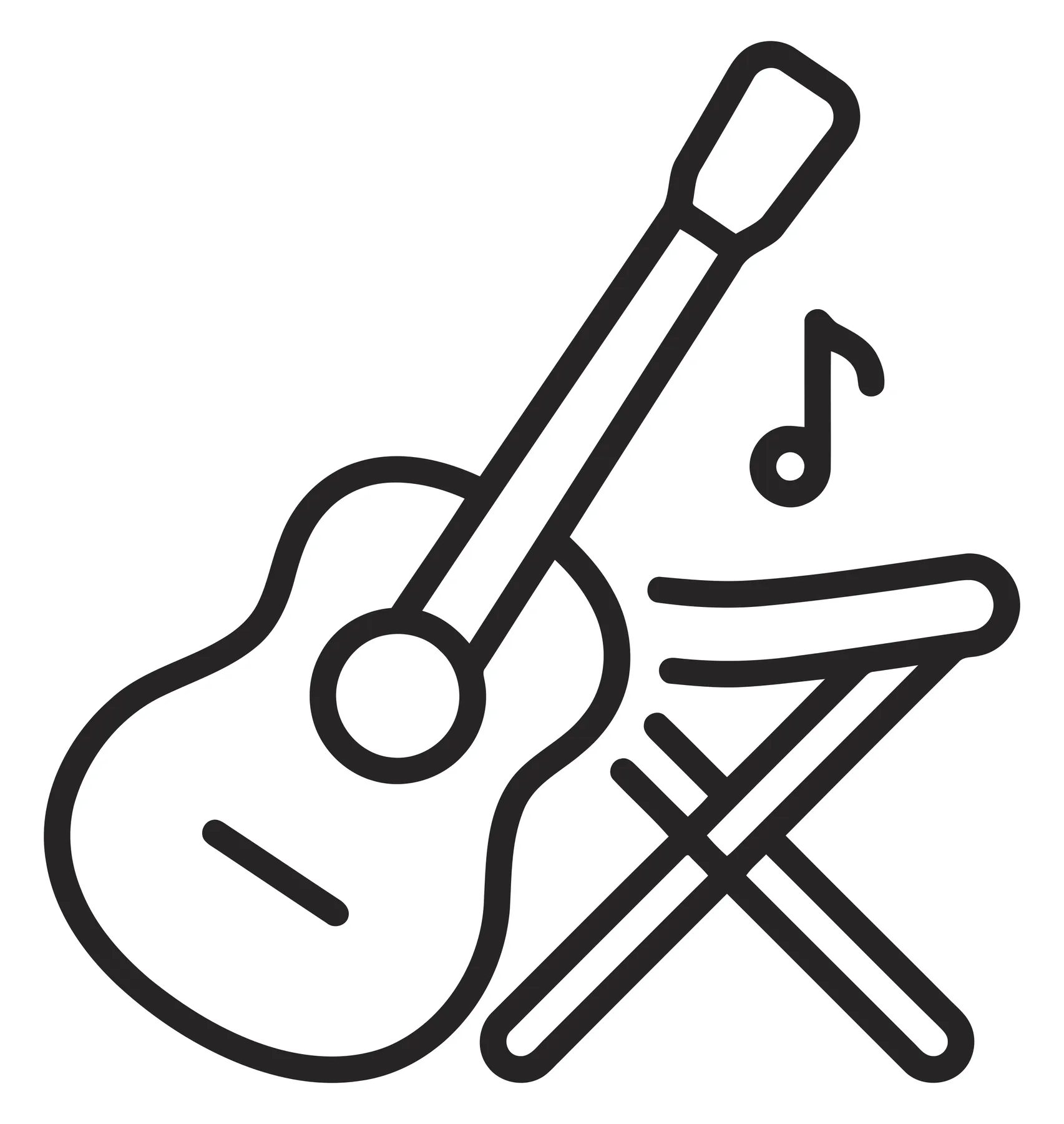 Acoustic Guitar and Folding Chair Icon with Musical Note
