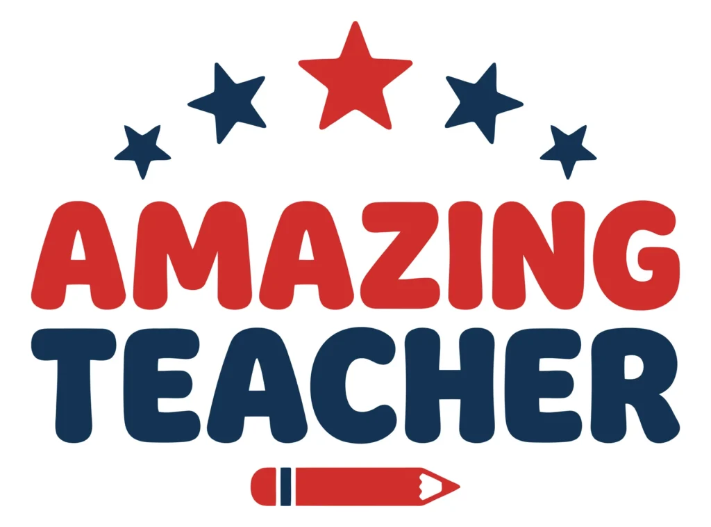 amazing teacher text with stars and pencil icon